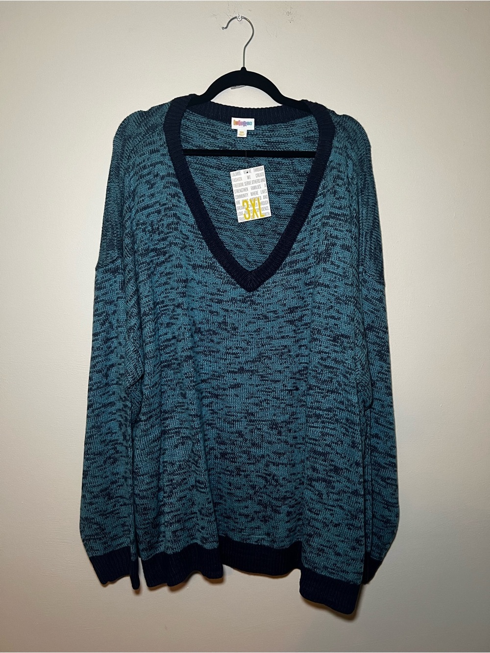 LuLaRoe Torrie Teal Marled V-Neck Sweater with Navy Trim
